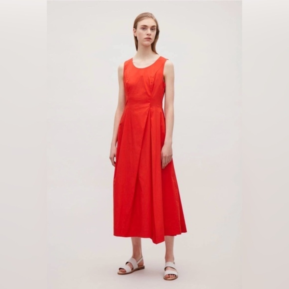 COS red cotton mix midi dress with pockets • classic minimalist sz 34 (2, 4)
